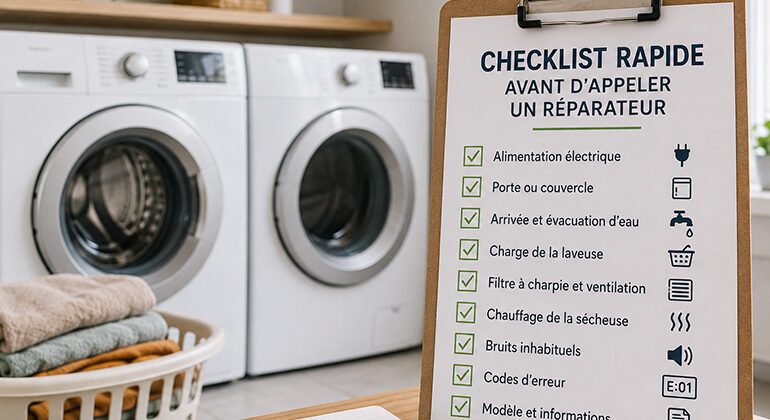Checklist laveuse sécheuse, laveuse en panne, sécheuse en panne, dépannage laveuse, dépannage sécheuse, réparation laveuse, réparation sécheuse, réparateur laveuse, réparateur sécheuse, sécheuse ne chauffe pas, laveuse ne démarre pas, diagnostic électroménager